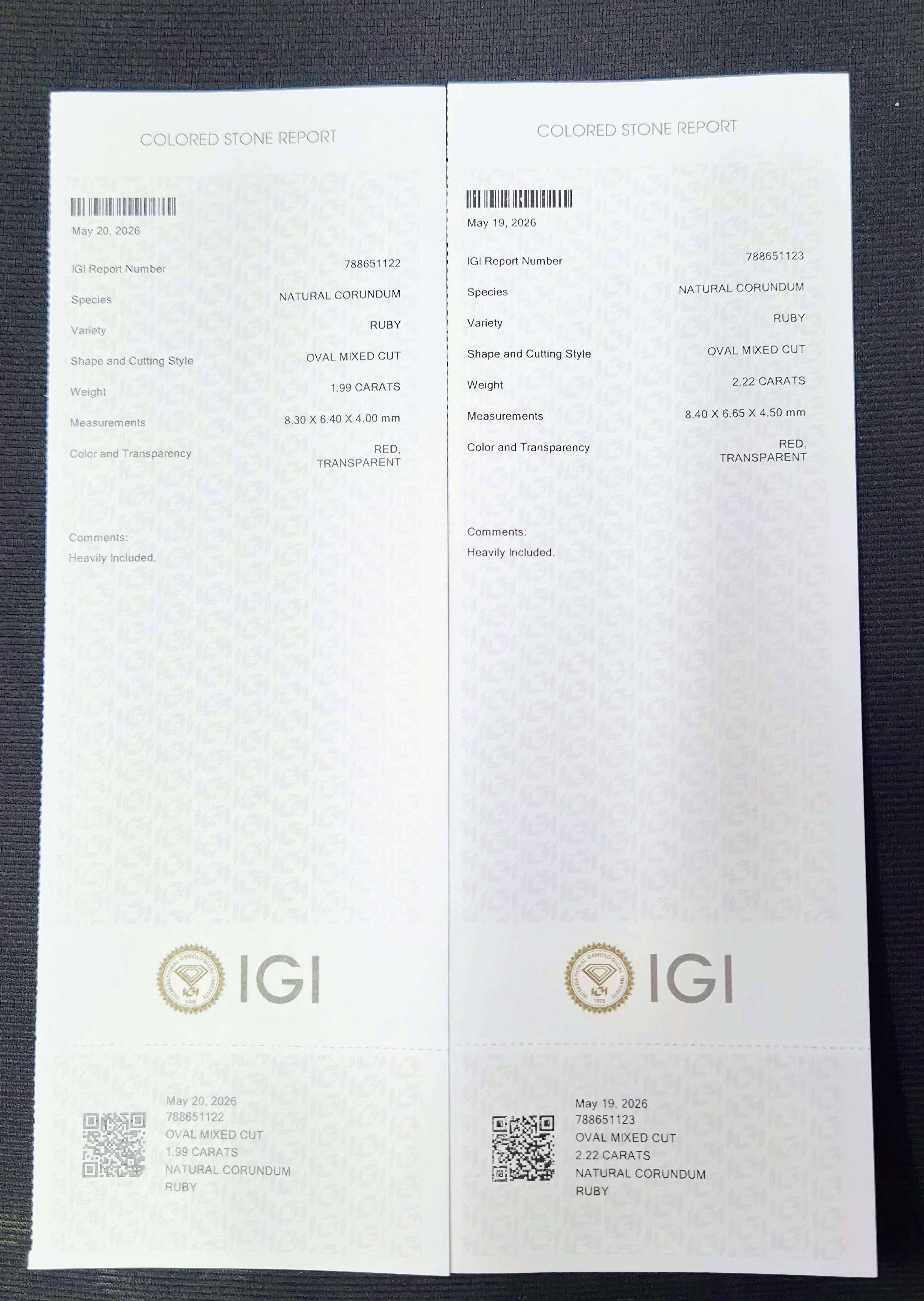 תעודות IGI לשני אבני רובי טבעיות - 1.99 ו-2.22 קראט, חיתוך אובלי מעורב
